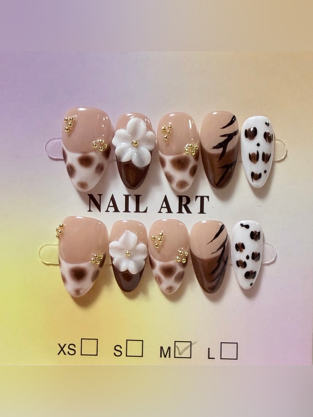 Neutral Brown Floral and Leopard Press-On Nail Set - Women Accessories